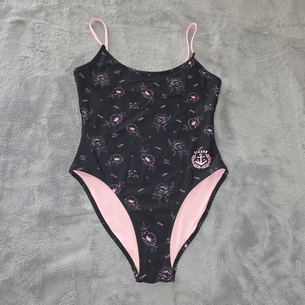 Dixxon One Piece Swimsuit Womens Large Black Pink Floral Anchor Logo Print